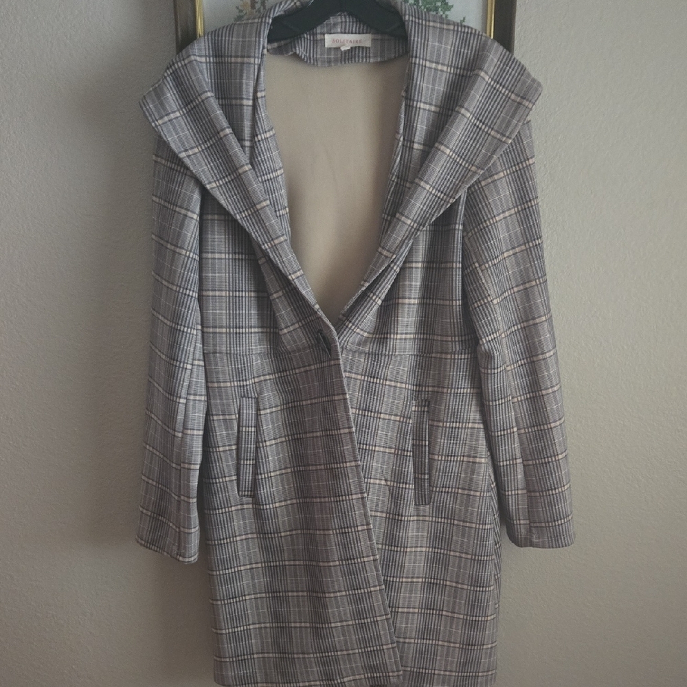 Solitaire Long Plaid Blazer - Classic Glen Check Pattern - Size Medium